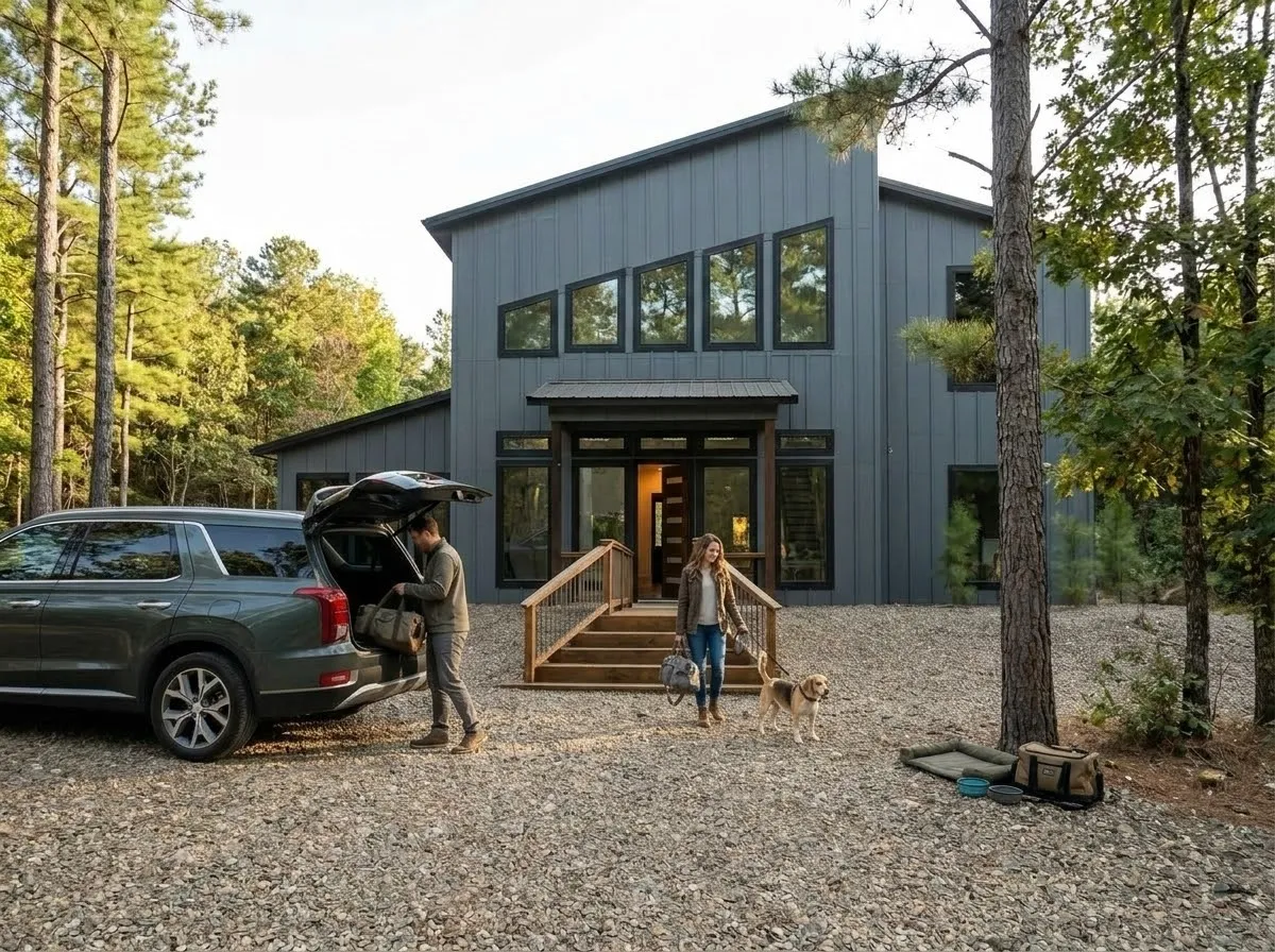 A leashed beagle sitting at the foot of the front steps of a modern gray cabin as guests unload their car.