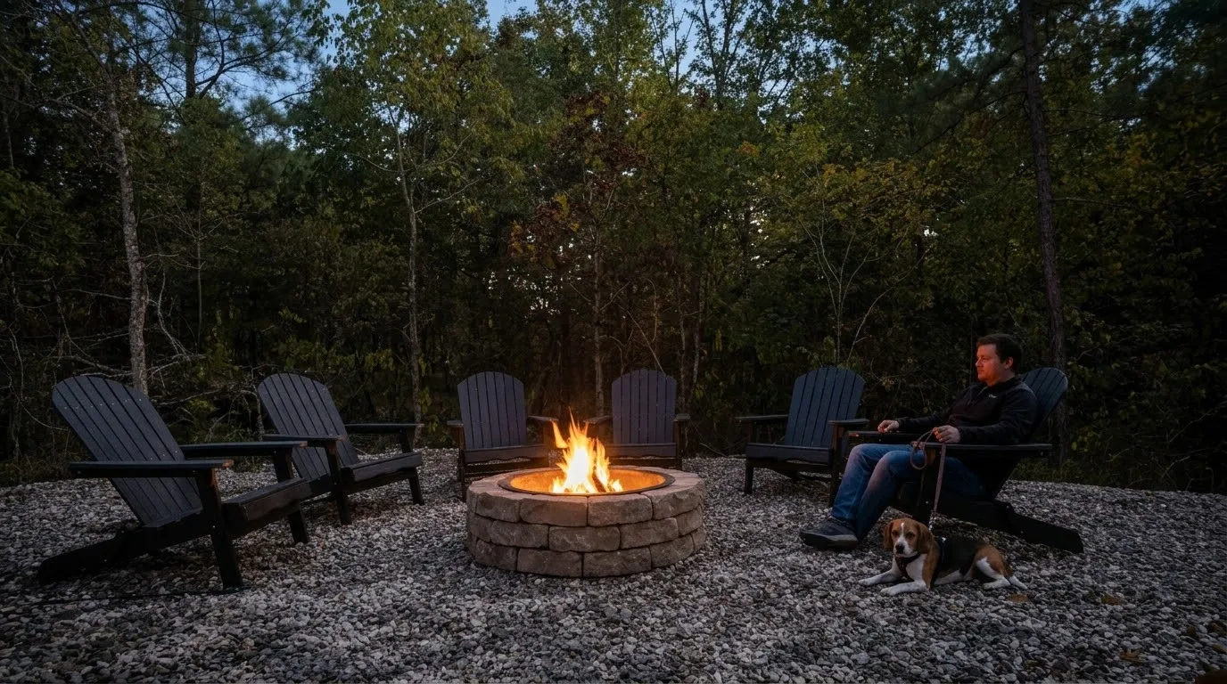 A person sitting by a stone fire pit at dusk with a leashed beagle lying beside the chair.