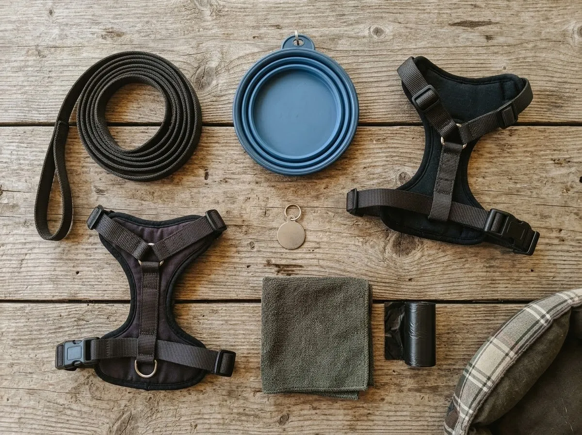 A dog packing flat lay on weathered wood: leash, collapsible bowl, harnesses, ID tag, towel, waste bags and a dog bed.