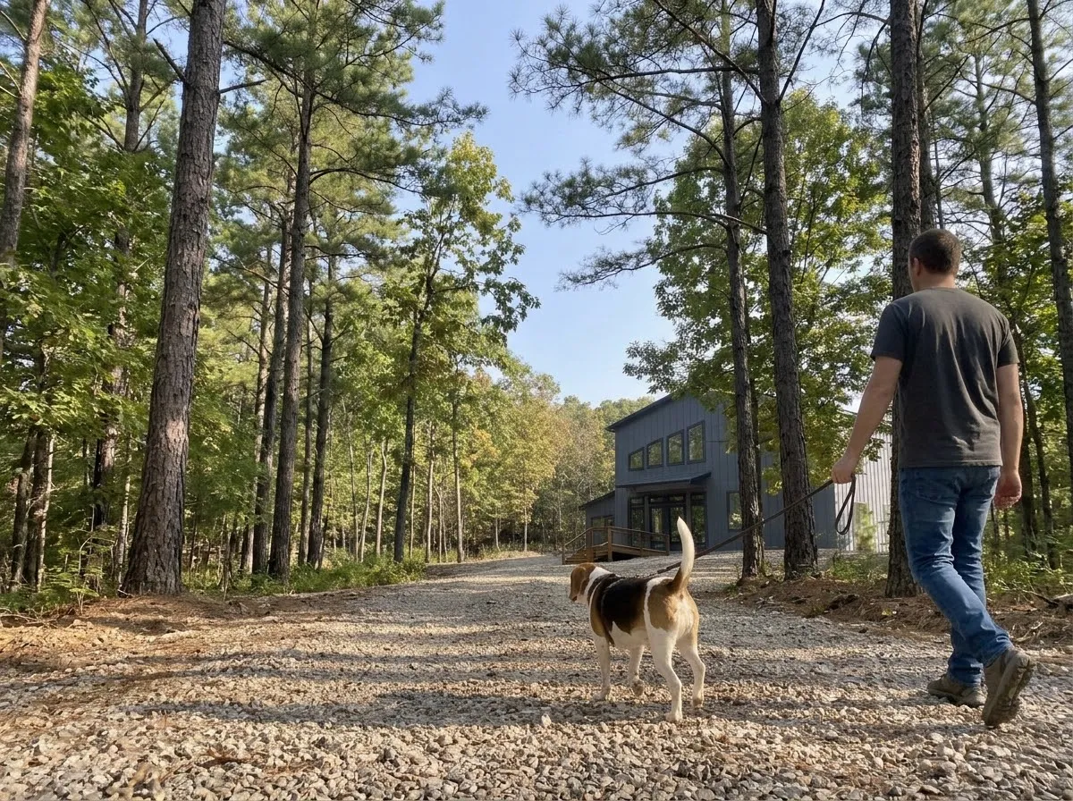 A person walking a leashed beagle up a gravel drive through tall pines toward a modern gray cabin.