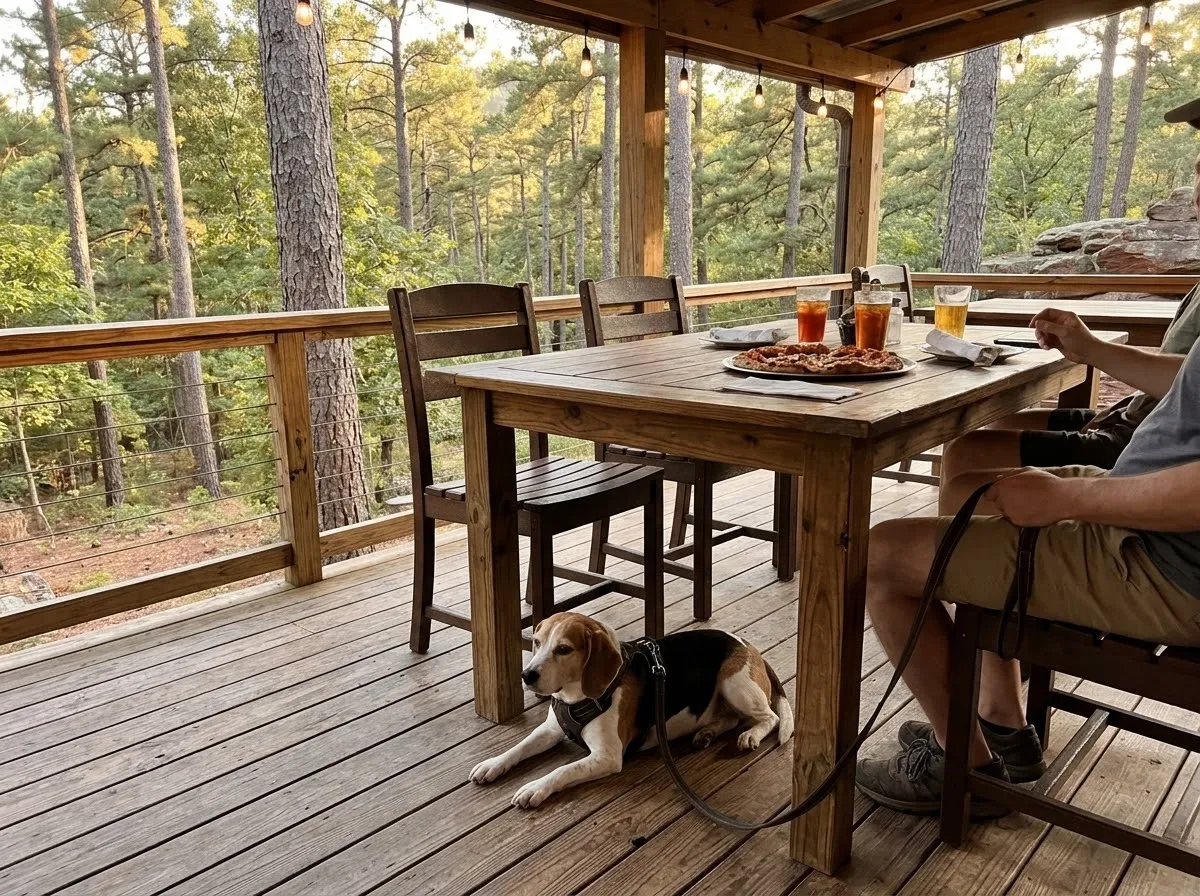 A leashed beagle lying under a table on a shaded wooden patio in the pines, with pizza and drinks on the table.