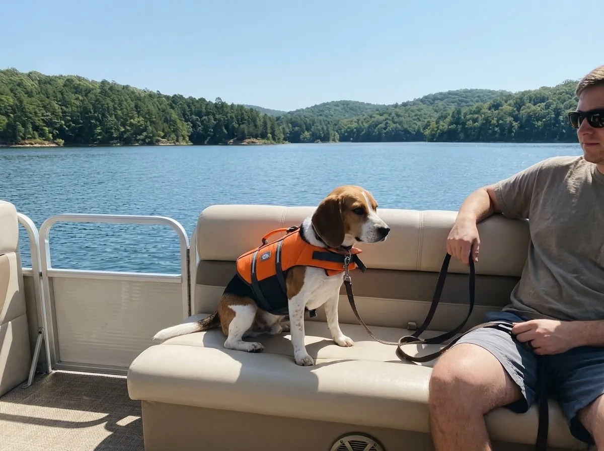 A beagle in an orange life jacket sitting on a pontoon boat beside its owner, who holds the leash, on a calm lake with forested hills.