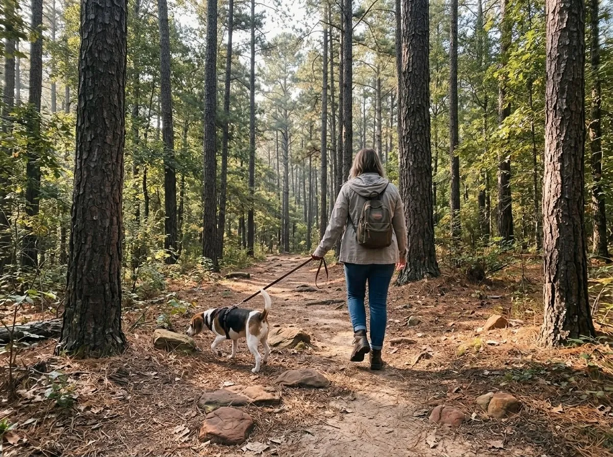 A person walking a leashed beagle on a pine-lined forest trail.